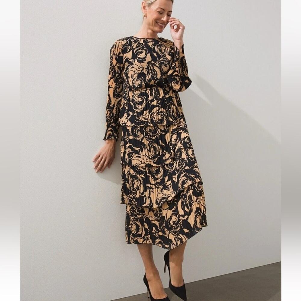 NEW Chico’s Floral Pleated Tiered Dress Black Label Tan Cocktail Party High Neck